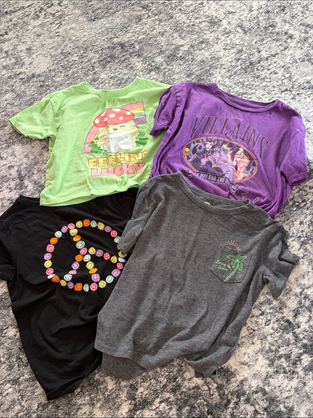 Graphic Tee Lot - Green Mushroom, Purple Villains, Black Peace Smiley, Gray Palm